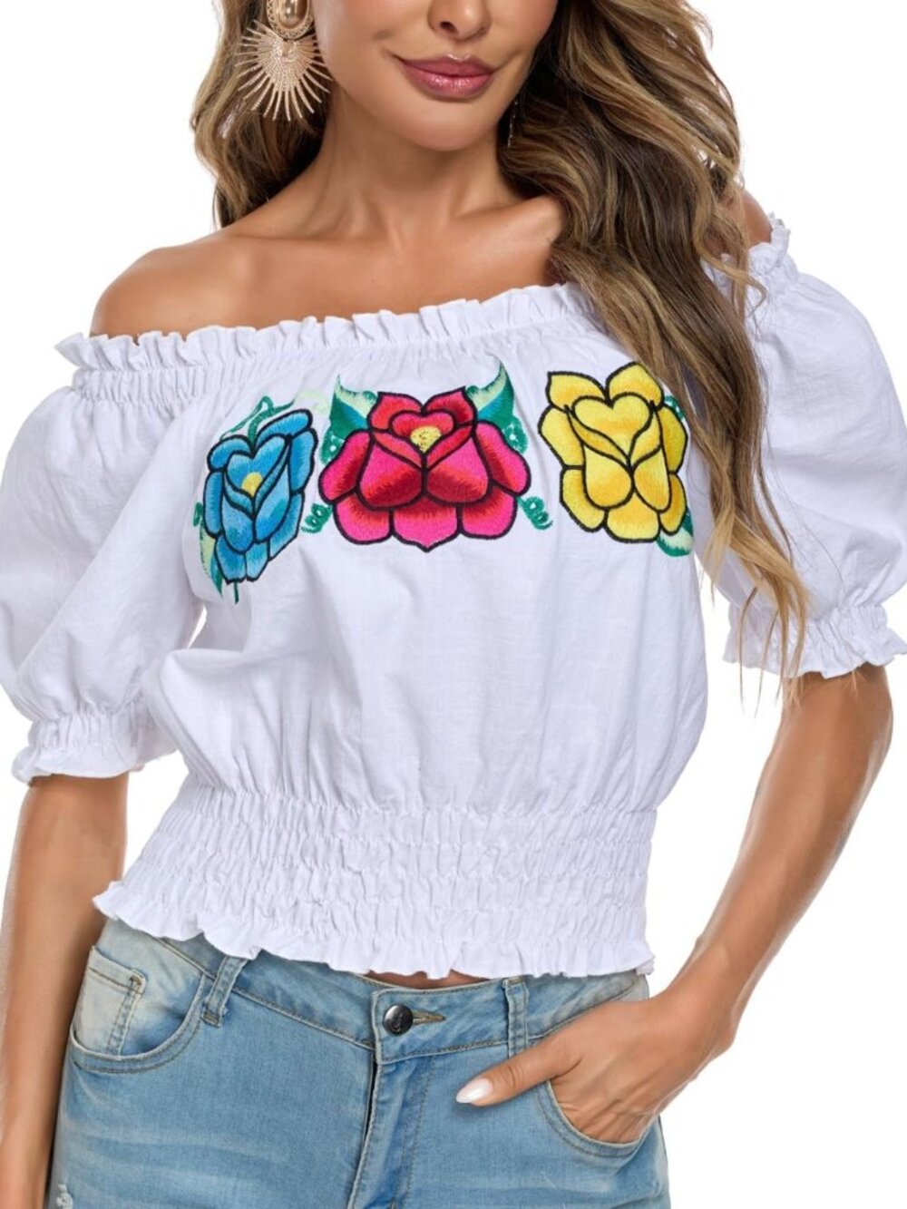 Embroidered Off-Shoulder Lace Top | Women's Mexican Style Falbala Shirt